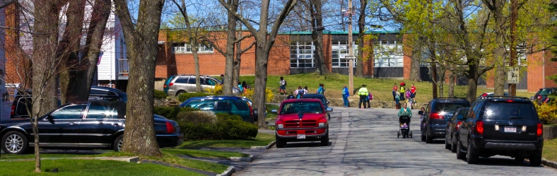 Parents and children at the Stratton School during after school pickup time. April 26, 2013.