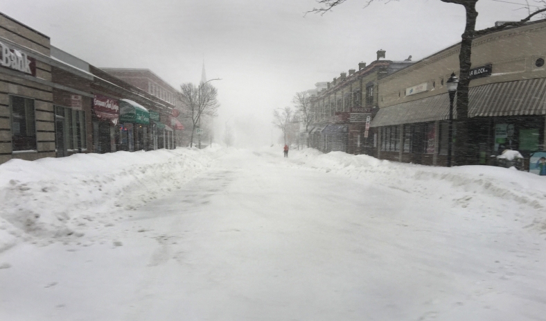 A nearly deserted Medford Street during an early February snowstorm. February 2, 2015.