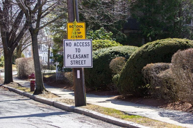 A sign warns of the closure of a popular route out to Pleasant Street via Jason Street. April 11, 2015.
